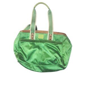 Coach Hampton Tote Bag Green Nylon Leather Carryall Lined Shoulder Bag